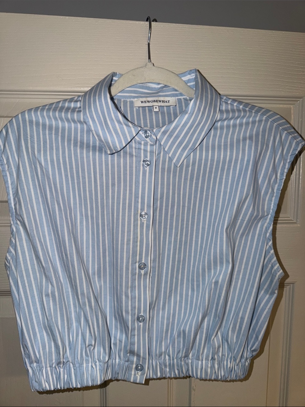 WeWoreWhat Light Blue & White Striped Cropped Button Shirt